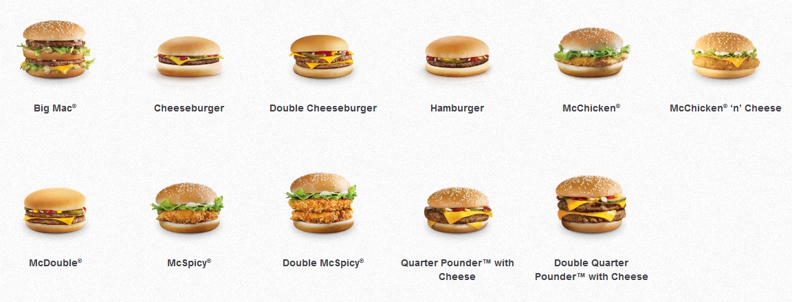 The regular (and boring) burger selection from McDonald's Singapore's website. The Fillet-O-Fish is missing for some reason.